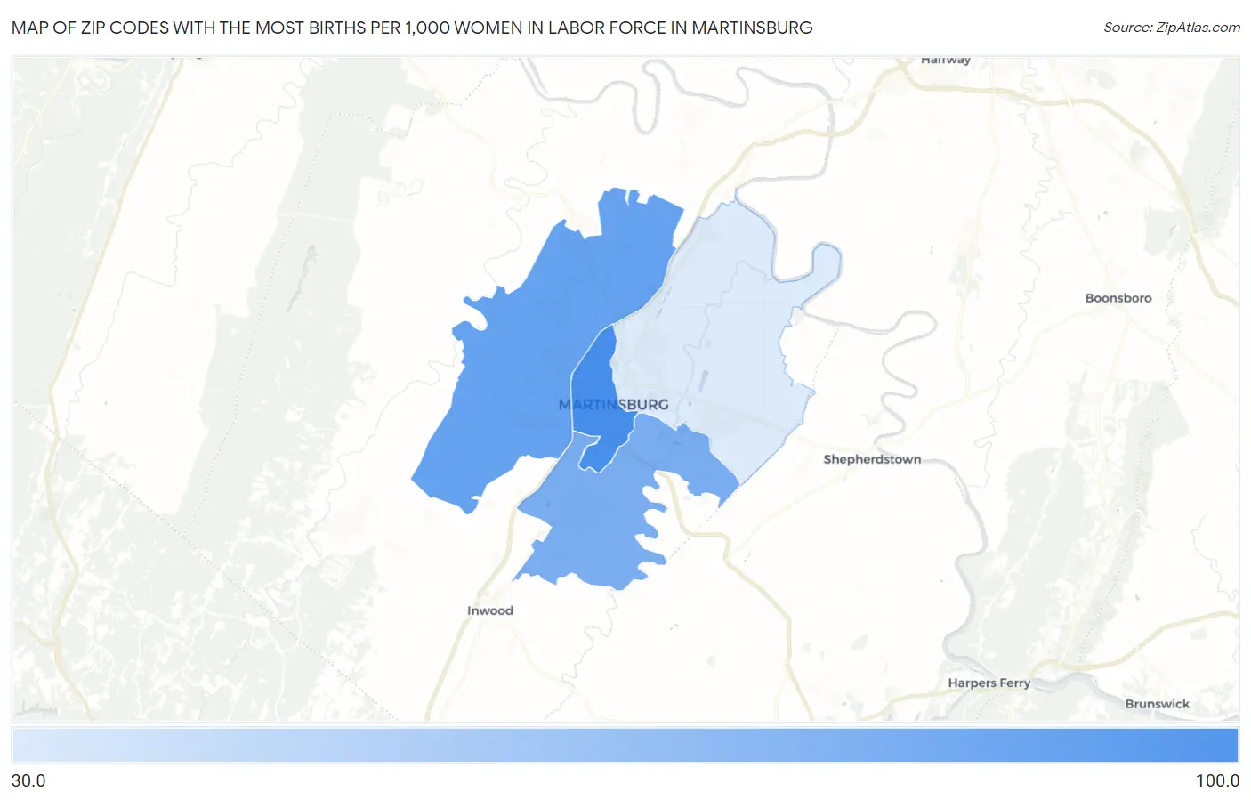 Zip Codes with the Most Births per 1,000 Women in Labor Force in Martinsburg Map