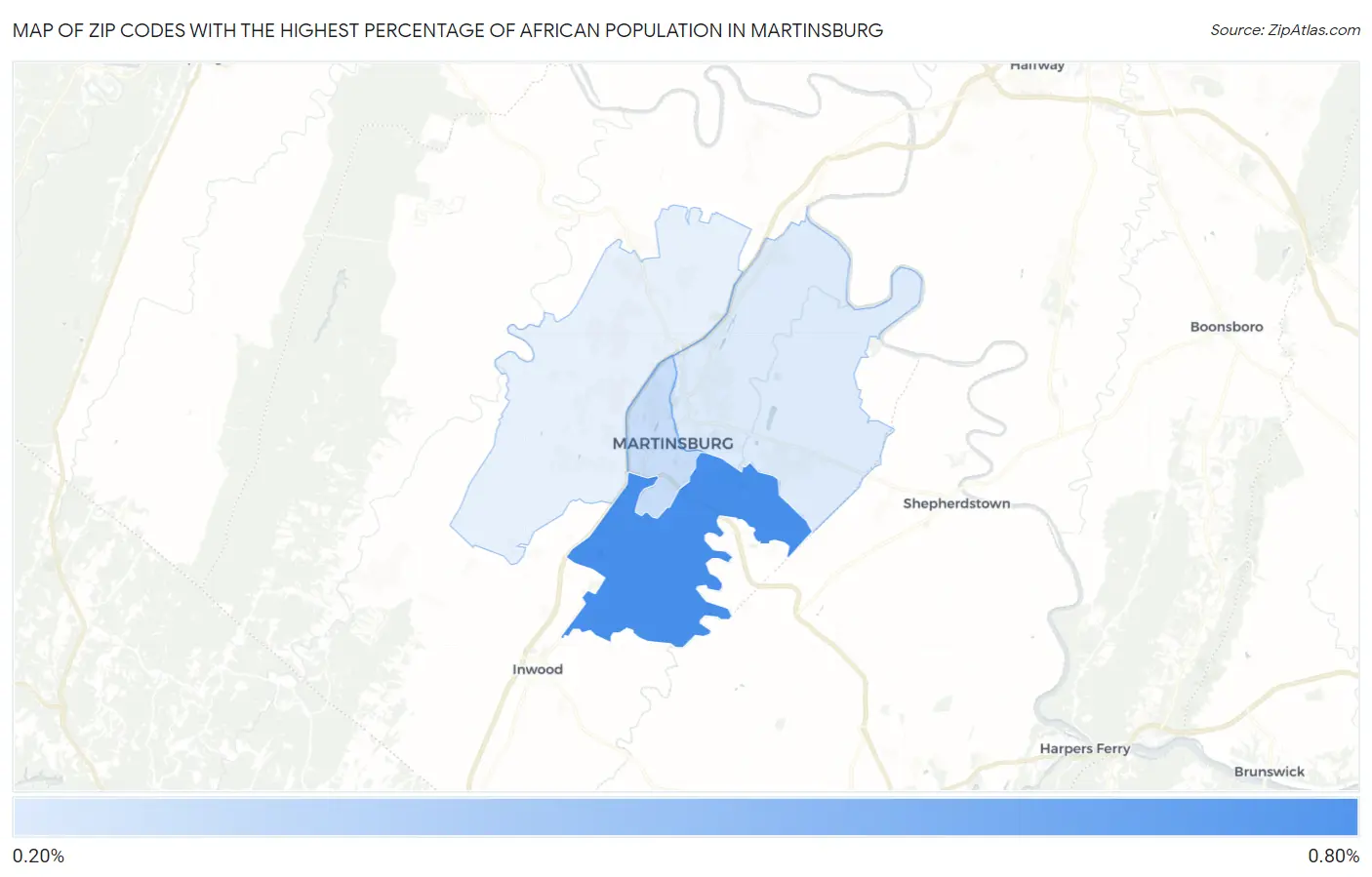 Zip Codes with the Highest Percentage of African Population in Martinsburg Map