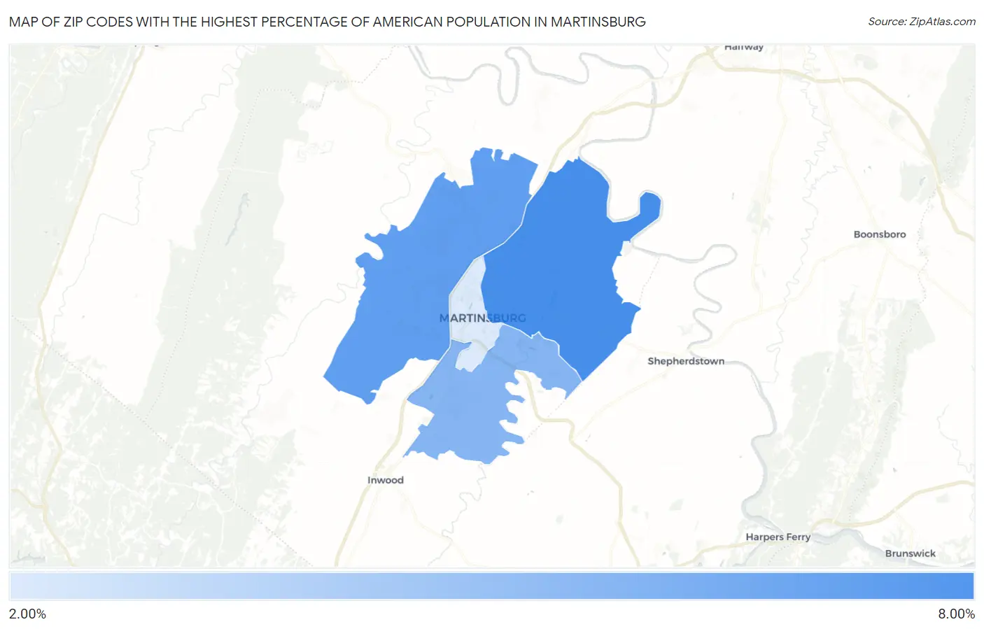 Zip Codes with the Highest Percentage of American Population in Martinsburg Map