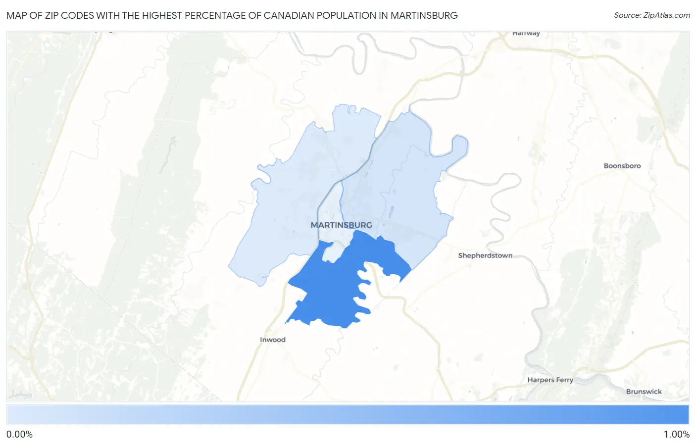 Zip Codes with the Highest Percentage of Canadian Population in Martinsburg Map