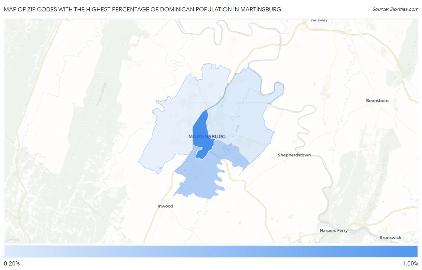 Zip Codes with the Highest Percentage of Dominican Population in Martinsburg Map