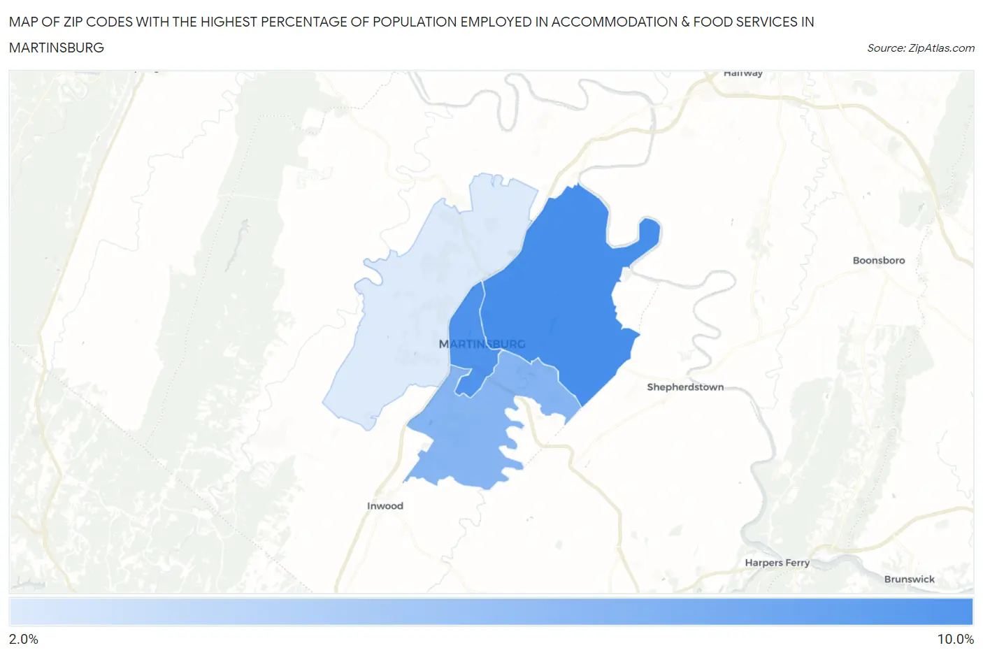 Zip Codes with the Highest Percentage of Population Employed in Accommodation & Food Services in Martinsburg Map