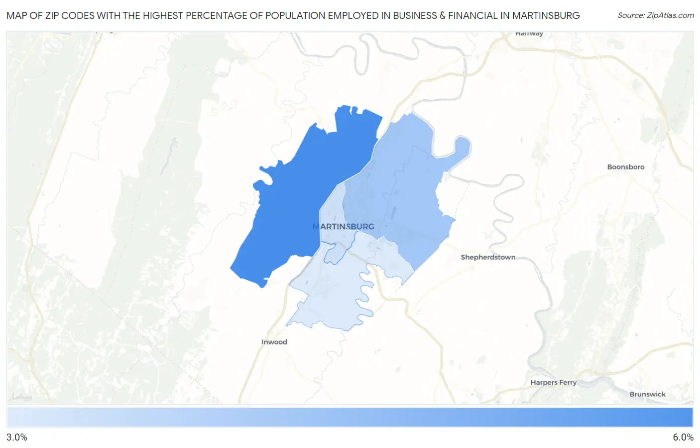 Zip Codes with the Highest Percentage of Population Employed in Business & Financial in Martinsburg Map
