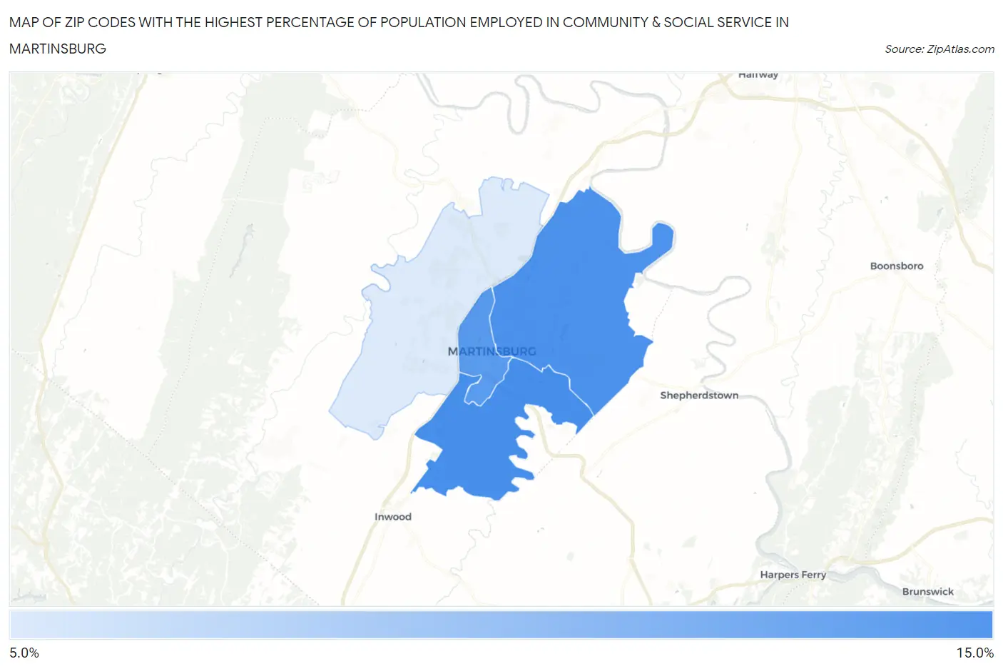 Zip Codes with the Highest Percentage of Population Employed in Community & Social Service  in Martinsburg Map