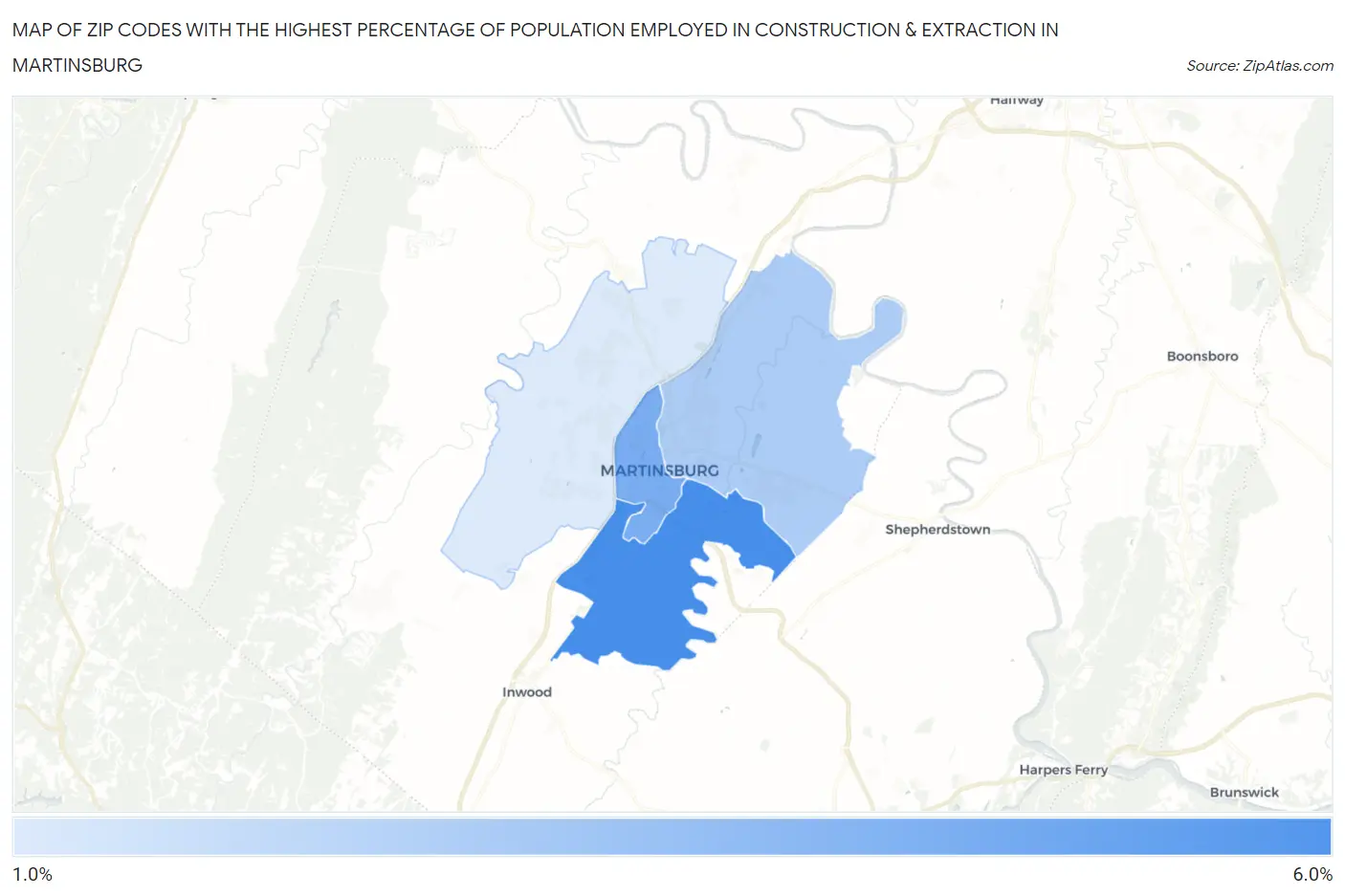 Zip Codes with the Highest Percentage of Population Employed in Construction & Extraction in Martinsburg Map