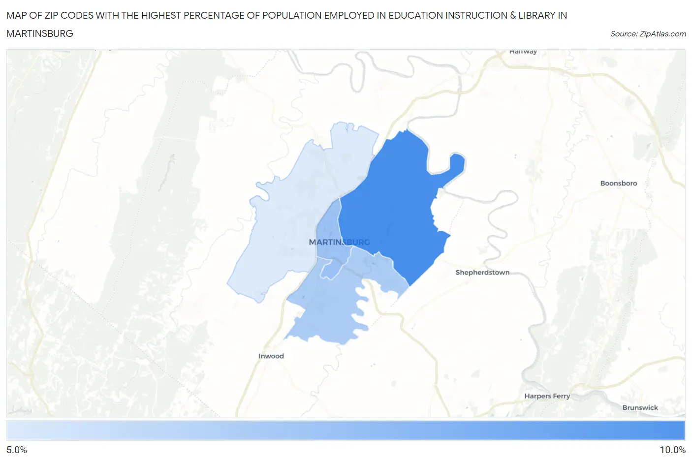Zip Codes with the Highest Percentage of Population Employed in Education Instruction & Library in Martinsburg Map