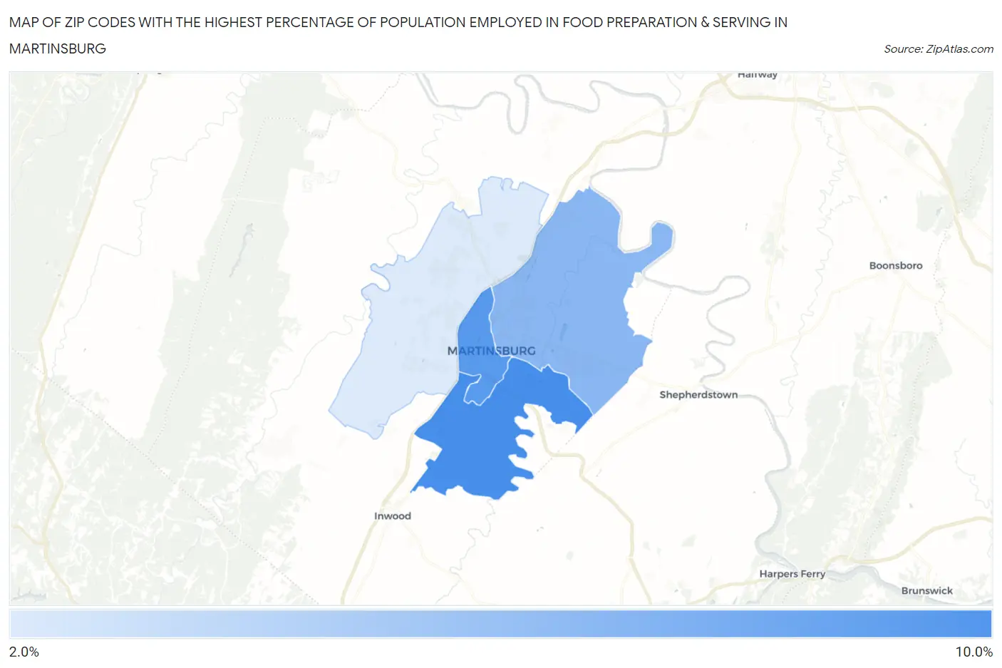 Zip Codes with the Highest Percentage of Population Employed in Food Preparation & Serving in Martinsburg Map