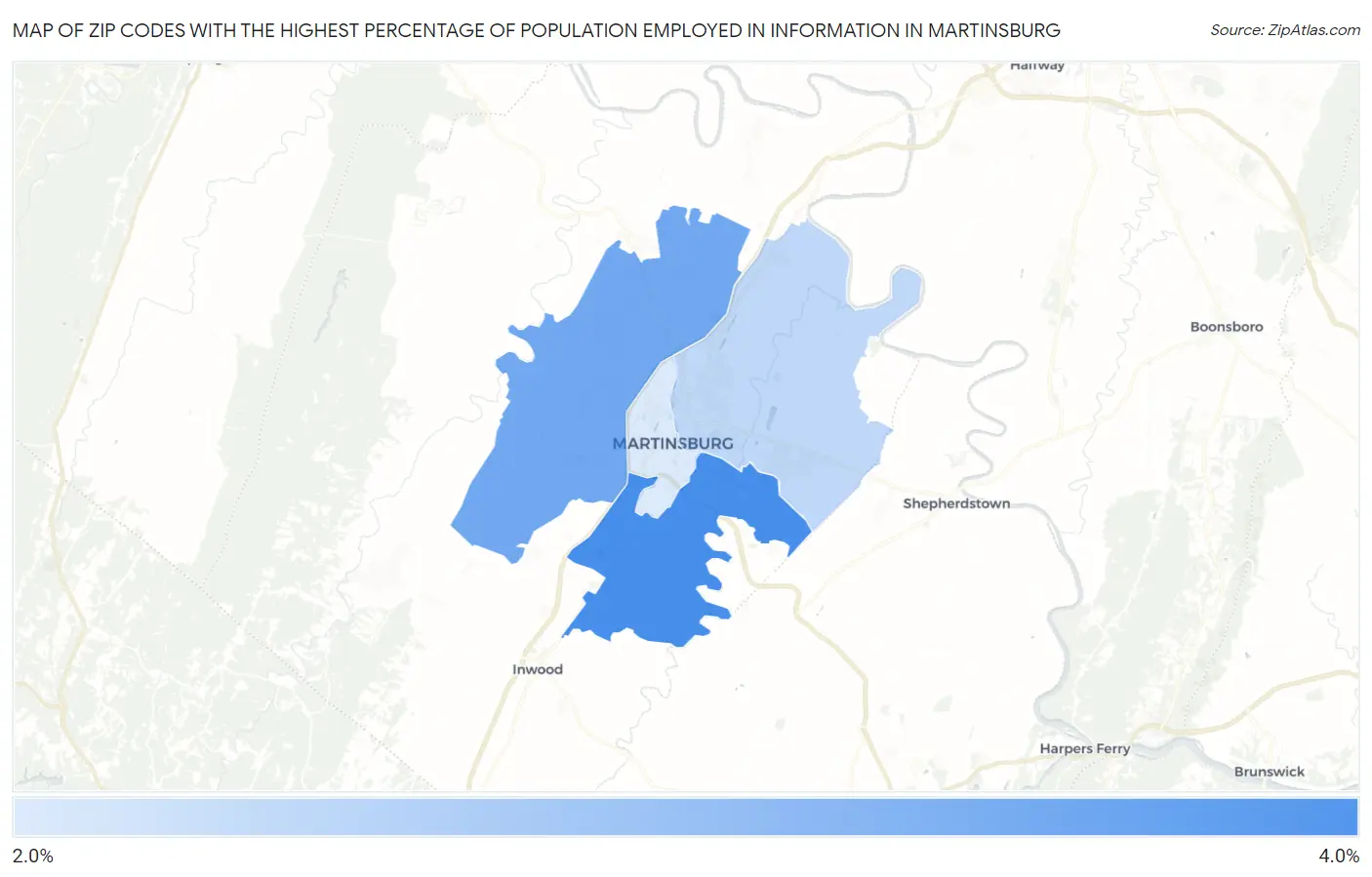 Zip Codes with the Highest Percentage of Population Employed in Information in Martinsburg Map
