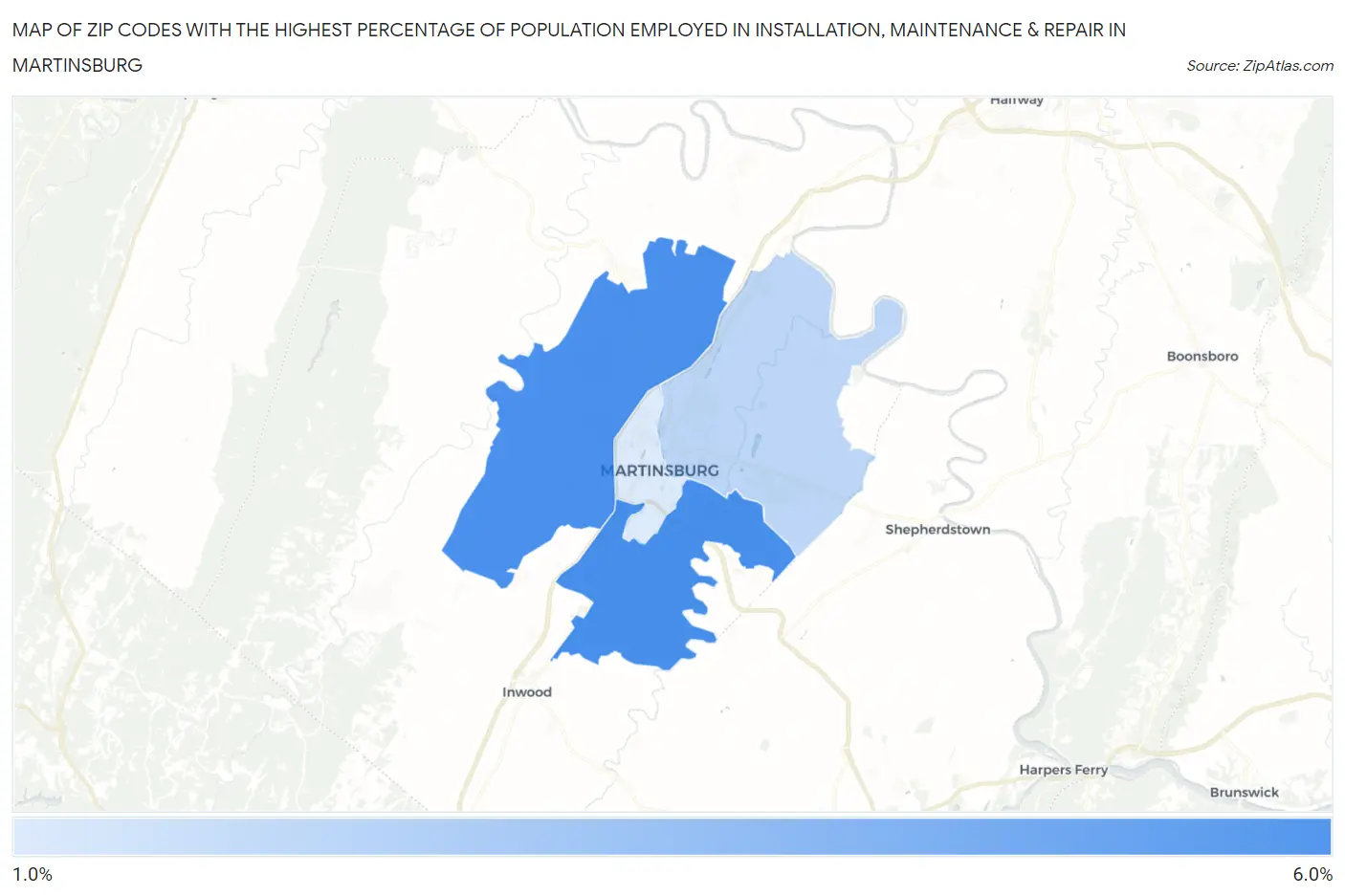Zip Codes with the Highest Percentage of Population Employed in Installation, Maintenance & Repair in Martinsburg Map