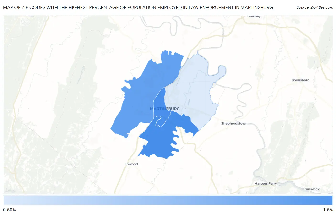Zip Codes with the Highest Percentage of Population Employed in Law Enforcement in Martinsburg Map