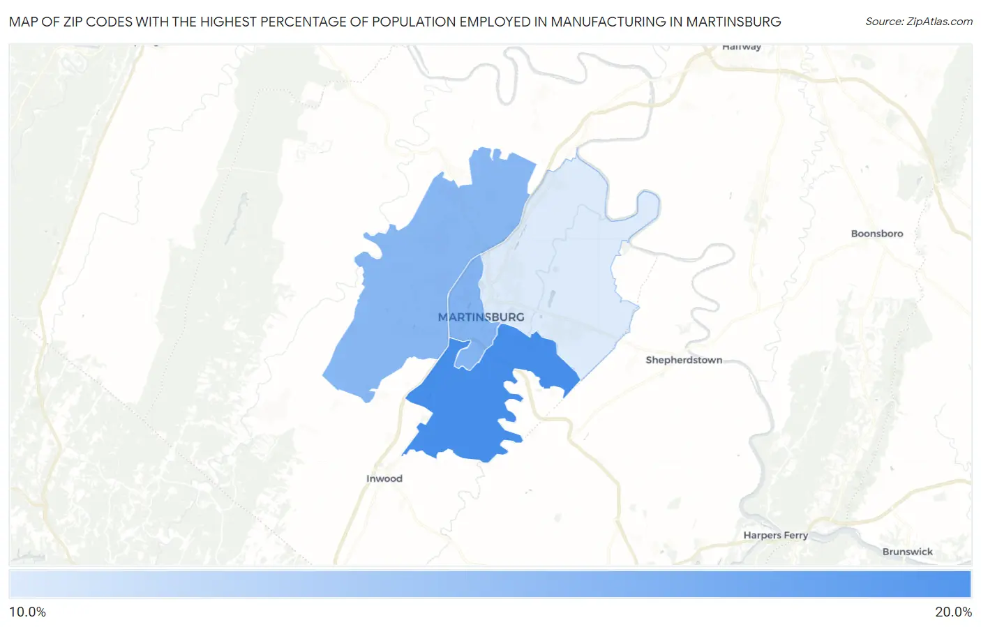 Zip Codes with the Highest Percentage of Population Employed in Manufacturing in Martinsburg Map