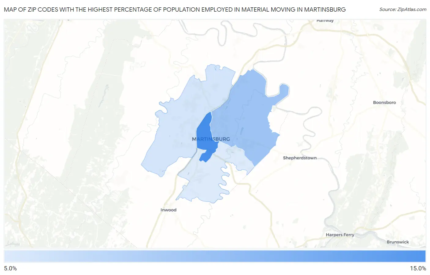 Zip Codes with the Highest Percentage of Population Employed in Material Moving in Martinsburg Map