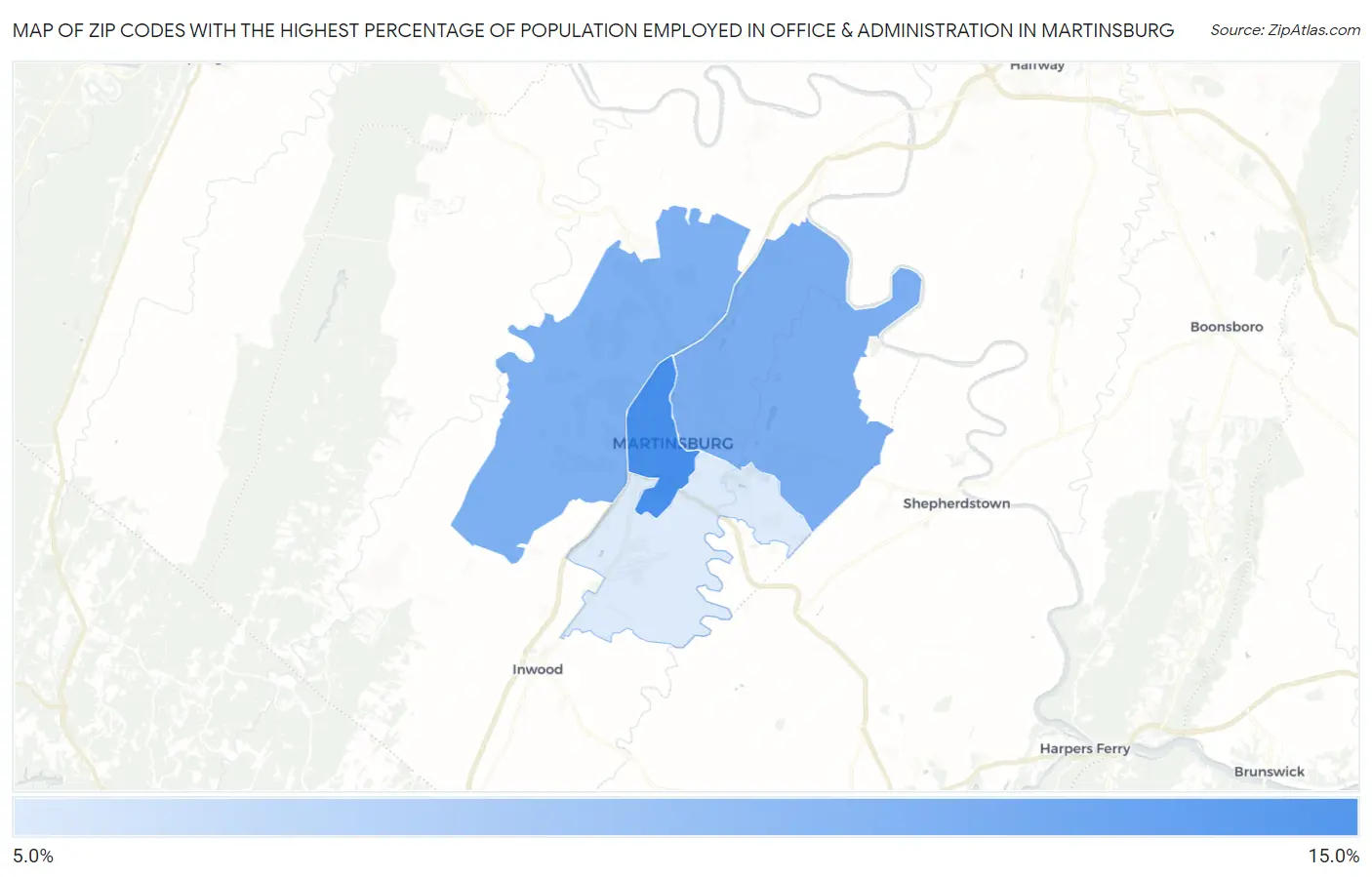 Zip Codes with the Highest Percentage of Population Employed in Office & Administration in Martinsburg Map