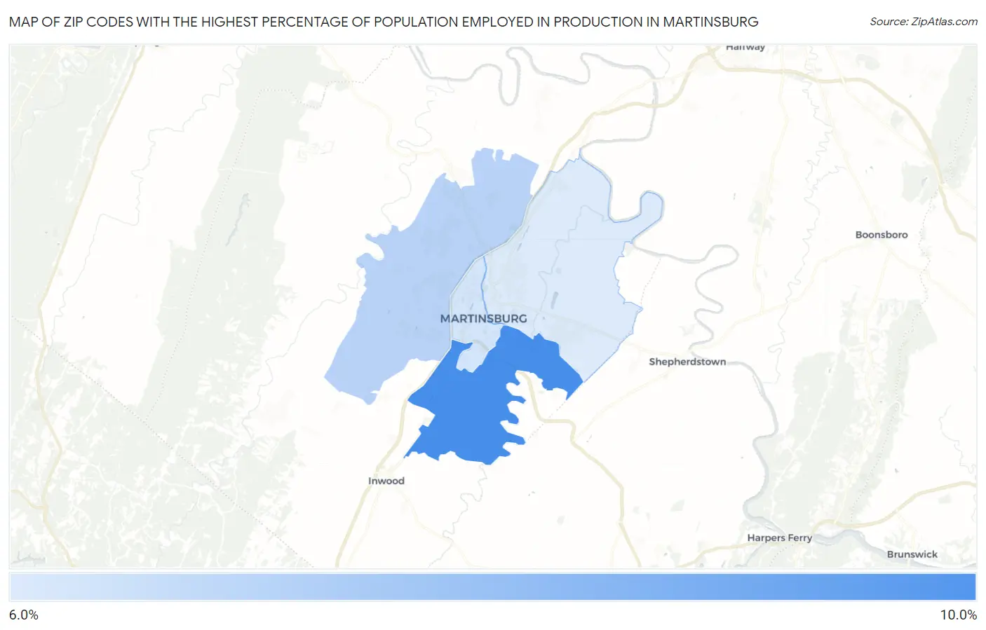 Zip Codes with the Highest Percentage of Population Employed in Production in Martinsburg Map