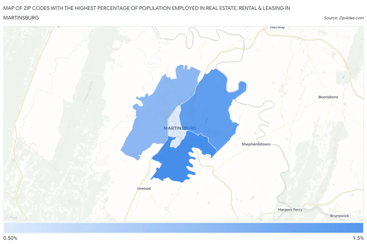 Zip Codes with the Highest Percentage of Population Employed in Real Estate, Rental & Leasing in Martinsburg Map