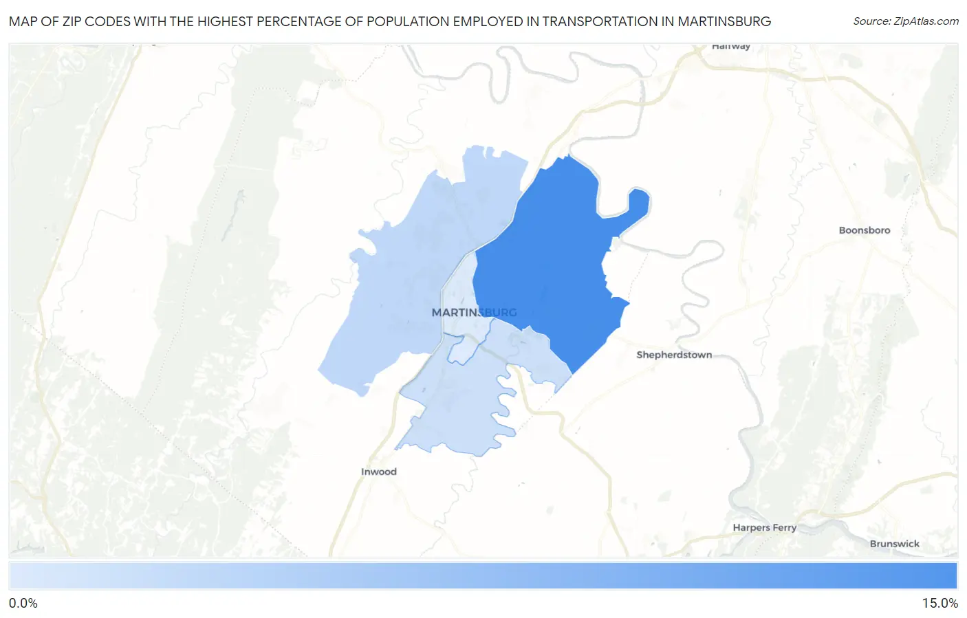 Zip Codes with the Highest Percentage of Population Employed in Transportation in Martinsburg Map