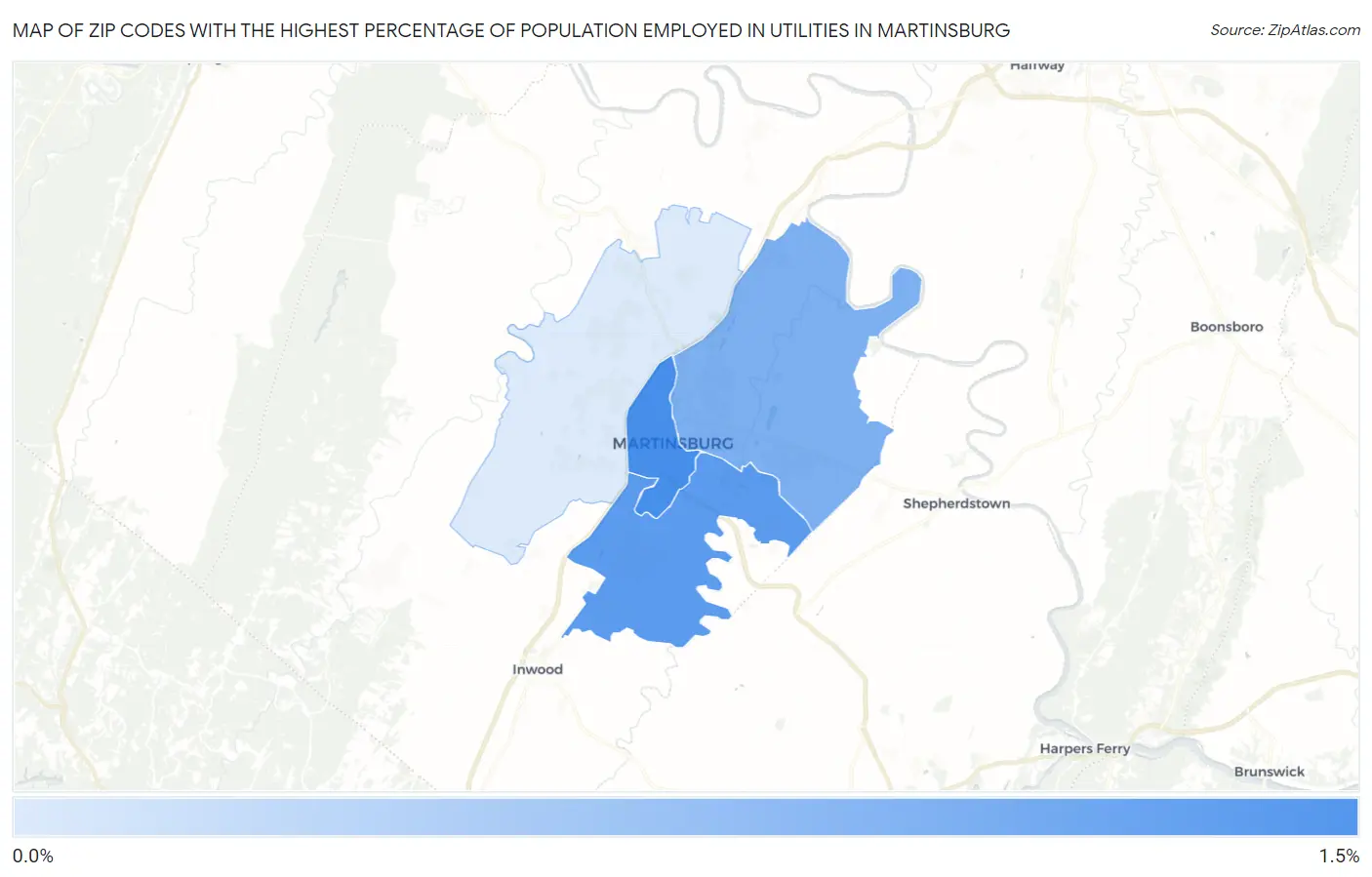 Zip Codes with the Highest Percentage of Population Employed in Utilities in Martinsburg Map