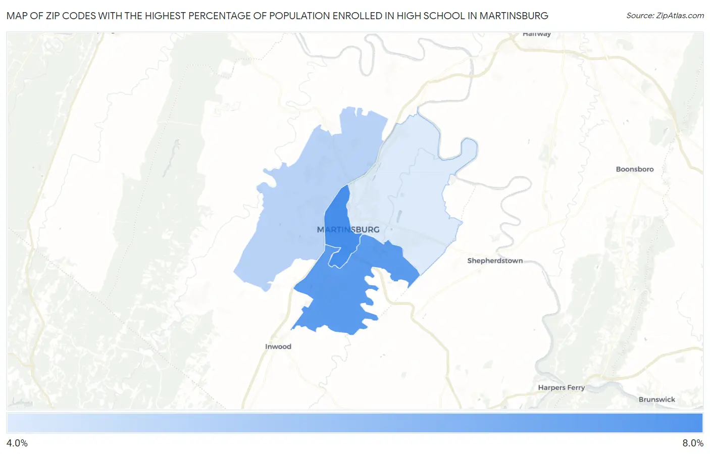 Zip Codes with the Highest Percentage of Population Enrolled in High School in Martinsburg Map
