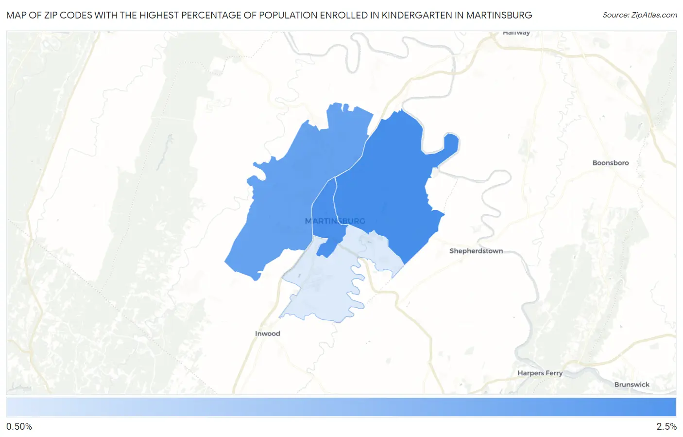 Zip Codes with the Highest Percentage of Population Enrolled in Kindergarten in Martinsburg Map