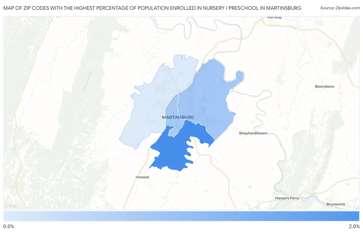 Zip Codes with the Highest Percentage of Population Enrolled in Nursery / Preschool in Martinsburg Map