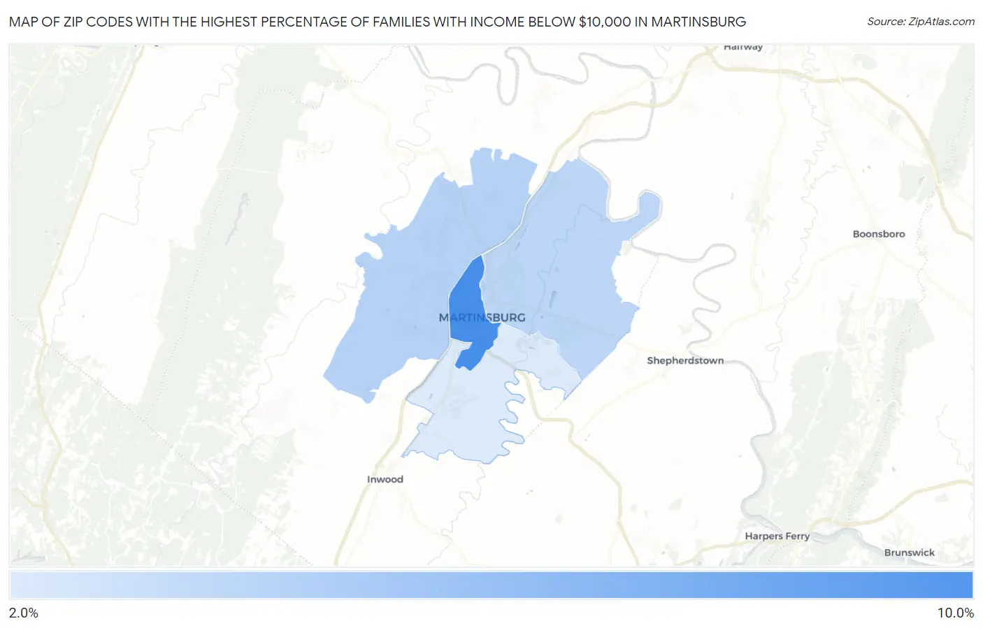 Zip Codes with the Highest Percentage of Families with Income Below $10,000 in Martinsburg Map