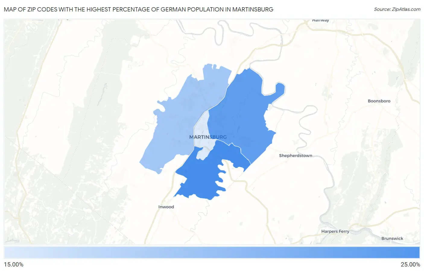 Zip Codes with the Highest Percentage of German Population in Martinsburg Map