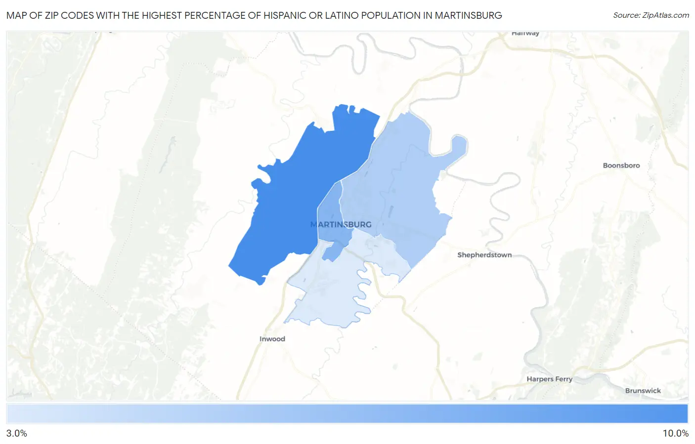 Zip Codes with the Highest Percentage of Hispanic or Latino Population in Martinsburg Map