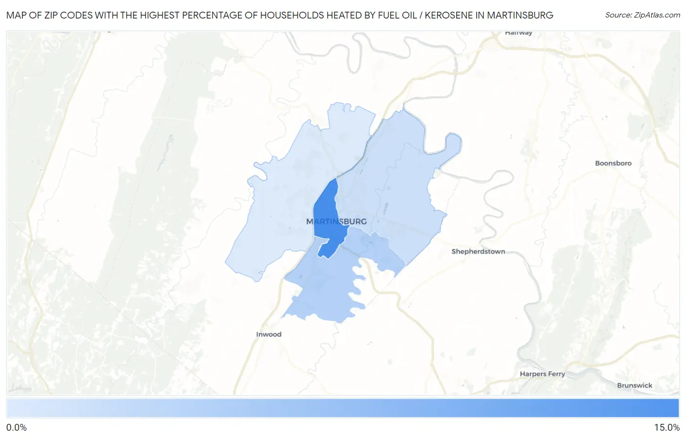 Zip Codes with the Highest Percentage of Households Heated by Fuel Oil / Kerosene in Martinsburg Map