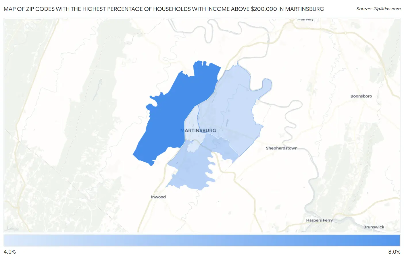 Zip Codes with the Highest Percentage of Households with Income Above $200,000 in Martinsburg Map