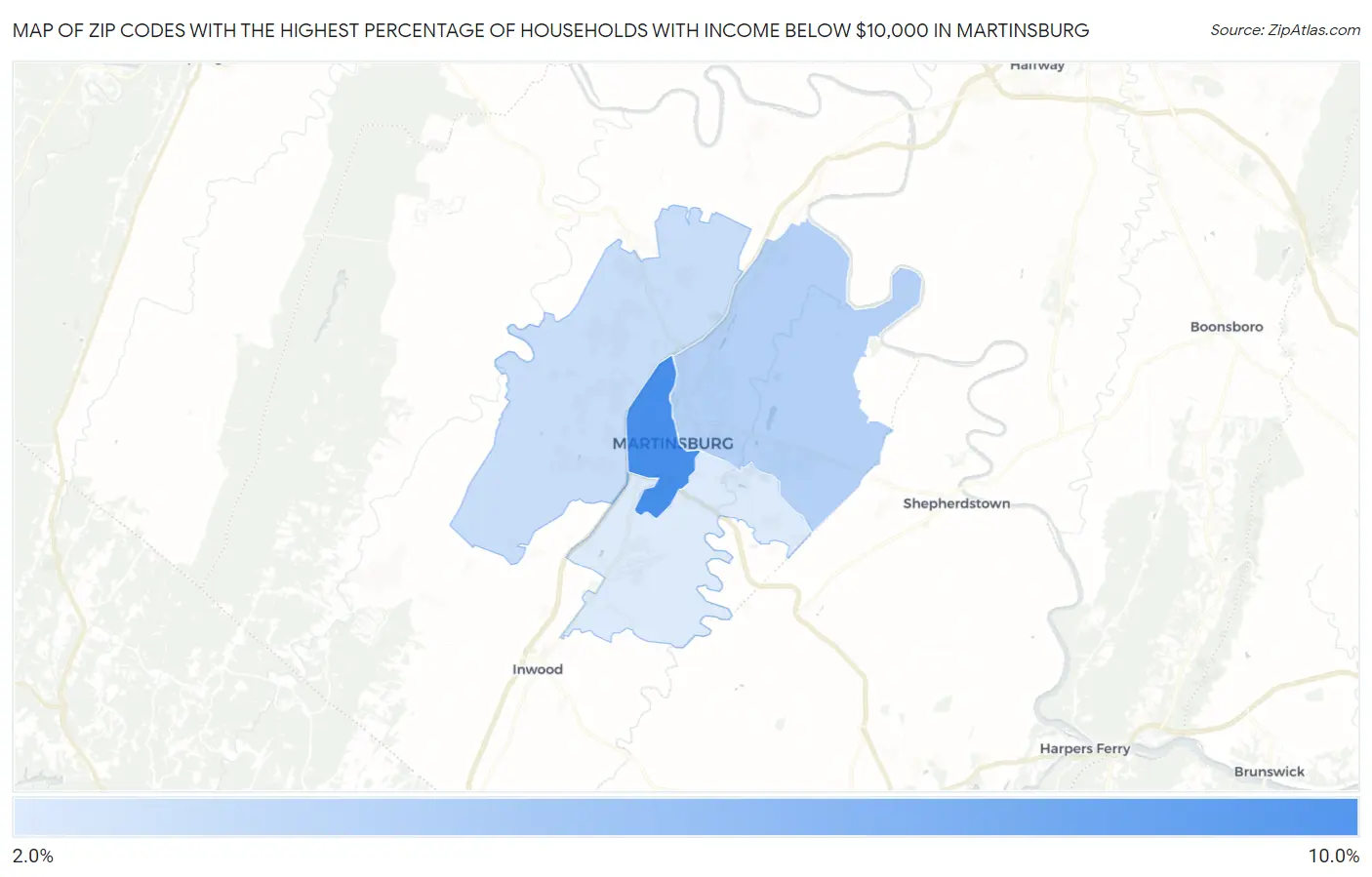 Zip Codes with the Highest Percentage of Households with Income Below $10,000 in Martinsburg Map