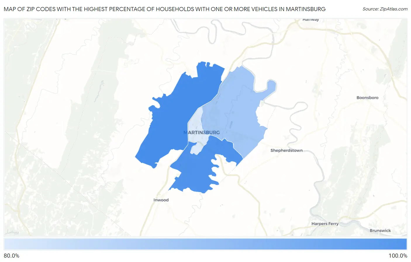 Zip Codes with the Highest Percentage of Households With One or more Vehicles in Martinsburg Map