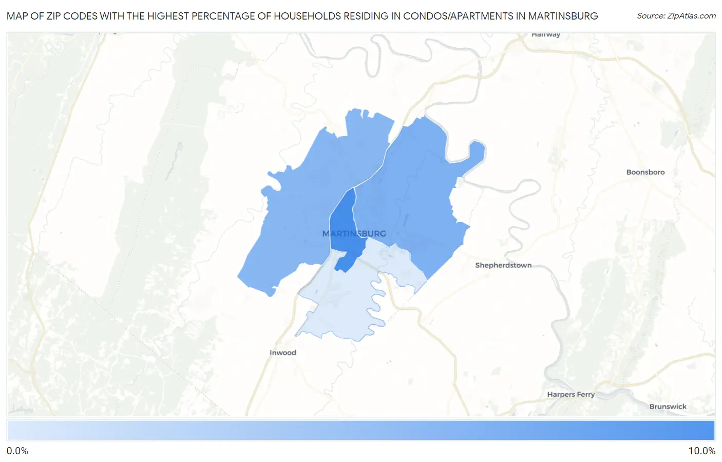 Zip Codes with the Highest Percentage of Households Residing in Condos/Apartments in Martinsburg Map