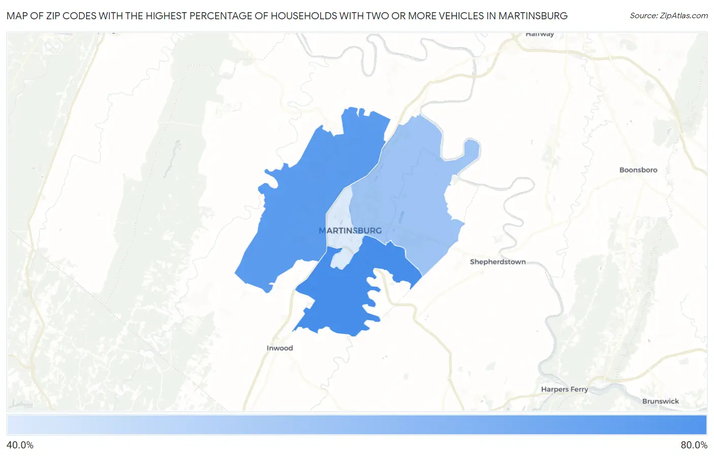 Zip Codes with the Highest Percentage of Households With Two or more Vehicles in Martinsburg Map
