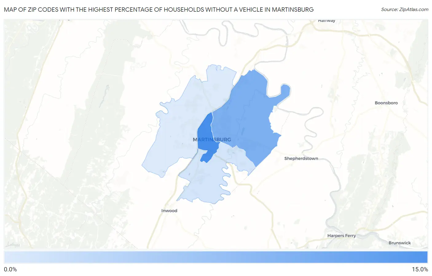 Zip Codes with the Highest Percentage of Households Without a Vehicle in Martinsburg Map