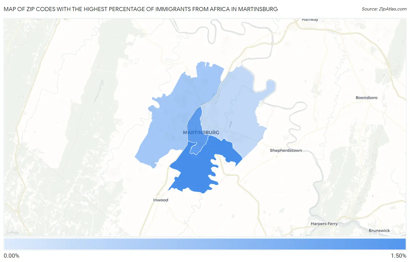Zip Codes with the Highest Percentage of Immigrants from Africa in Martinsburg Map