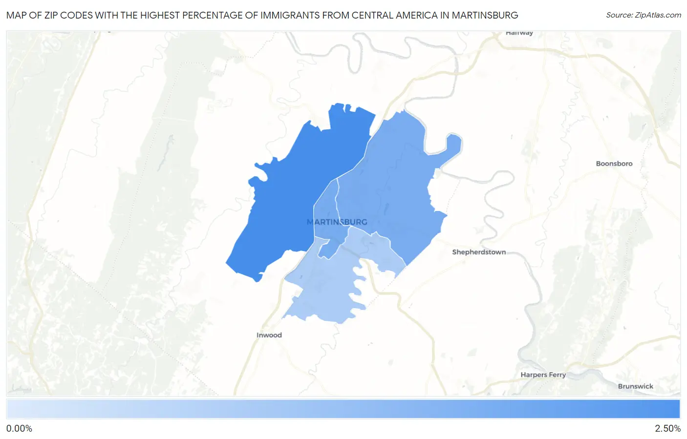 Zip Codes with the Highest Percentage of Immigrants from Central America in Martinsburg Map