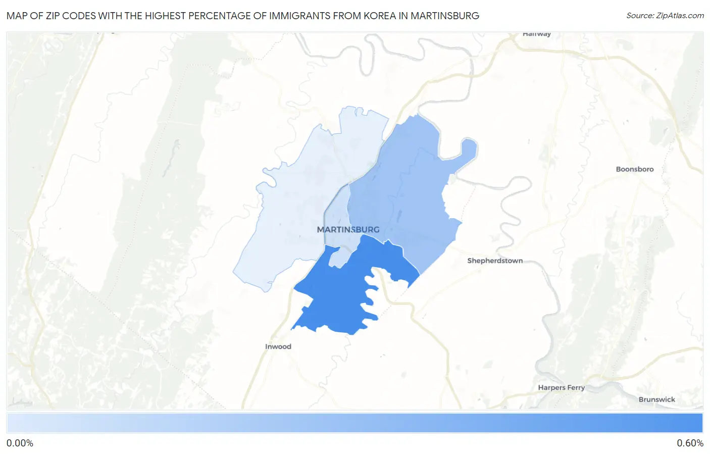 Zip Codes with the Highest Percentage of Immigrants from Korea in Martinsburg Map