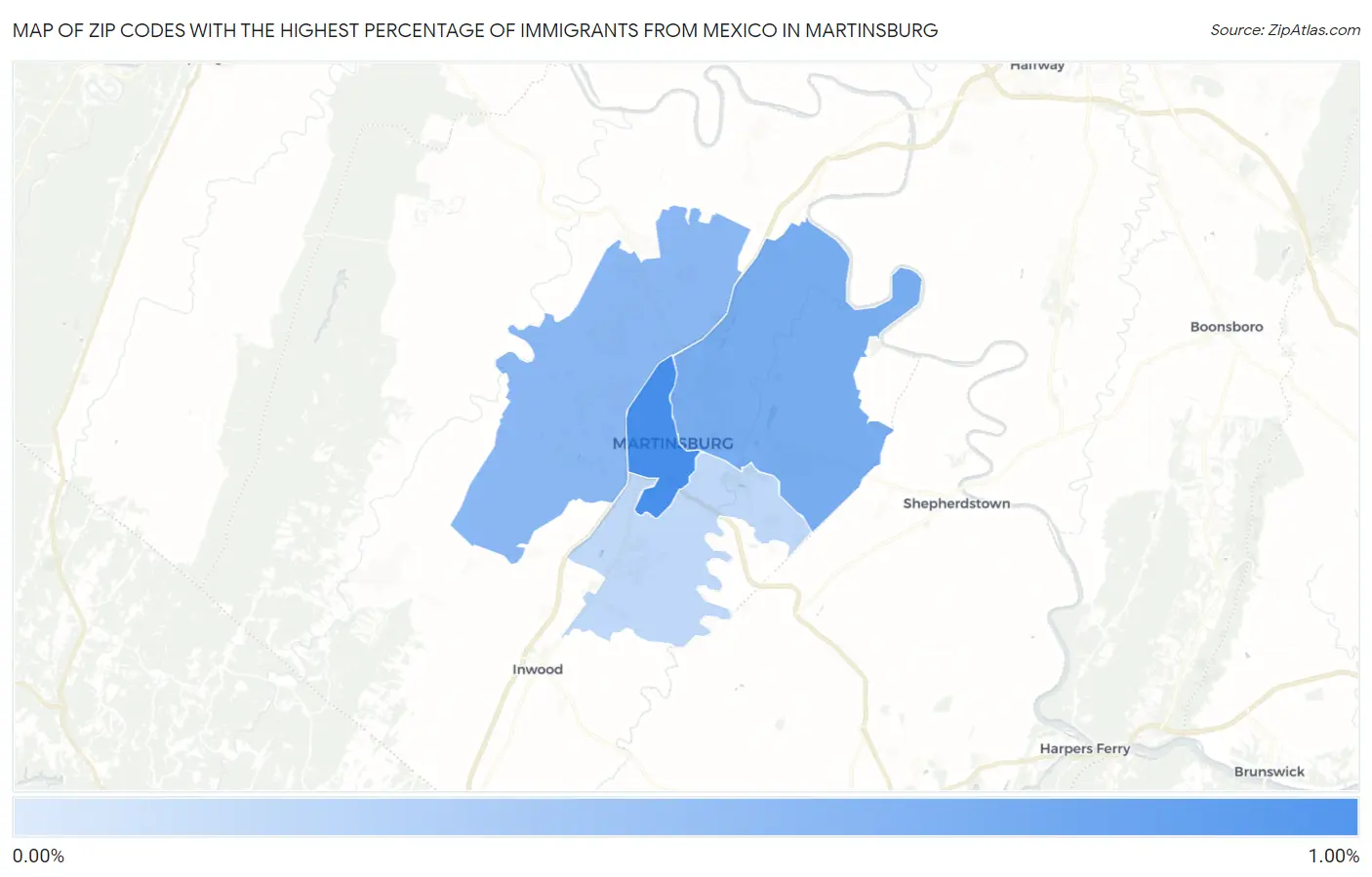 Zip Codes with the Highest Percentage of Immigrants from Mexico in Martinsburg Map