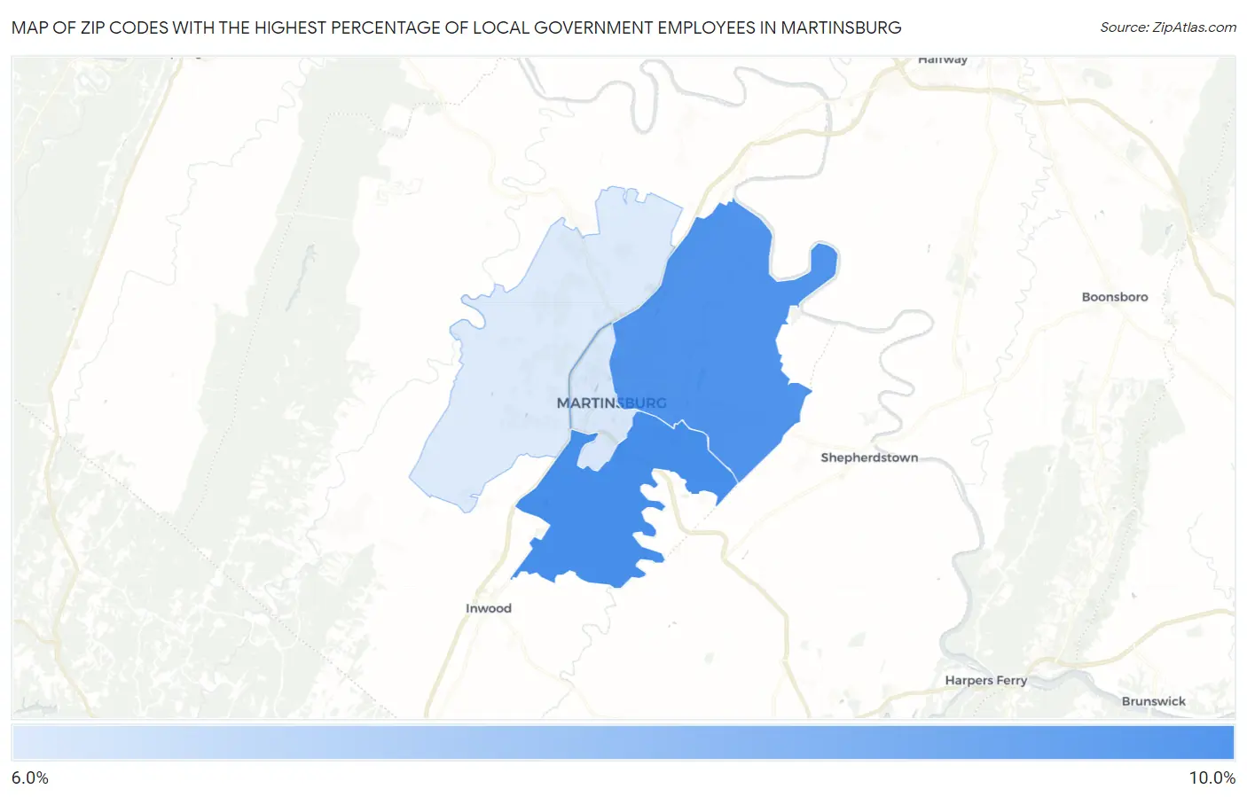 Zip Codes with the Highest Percentage of Local Government Employees in Martinsburg Map