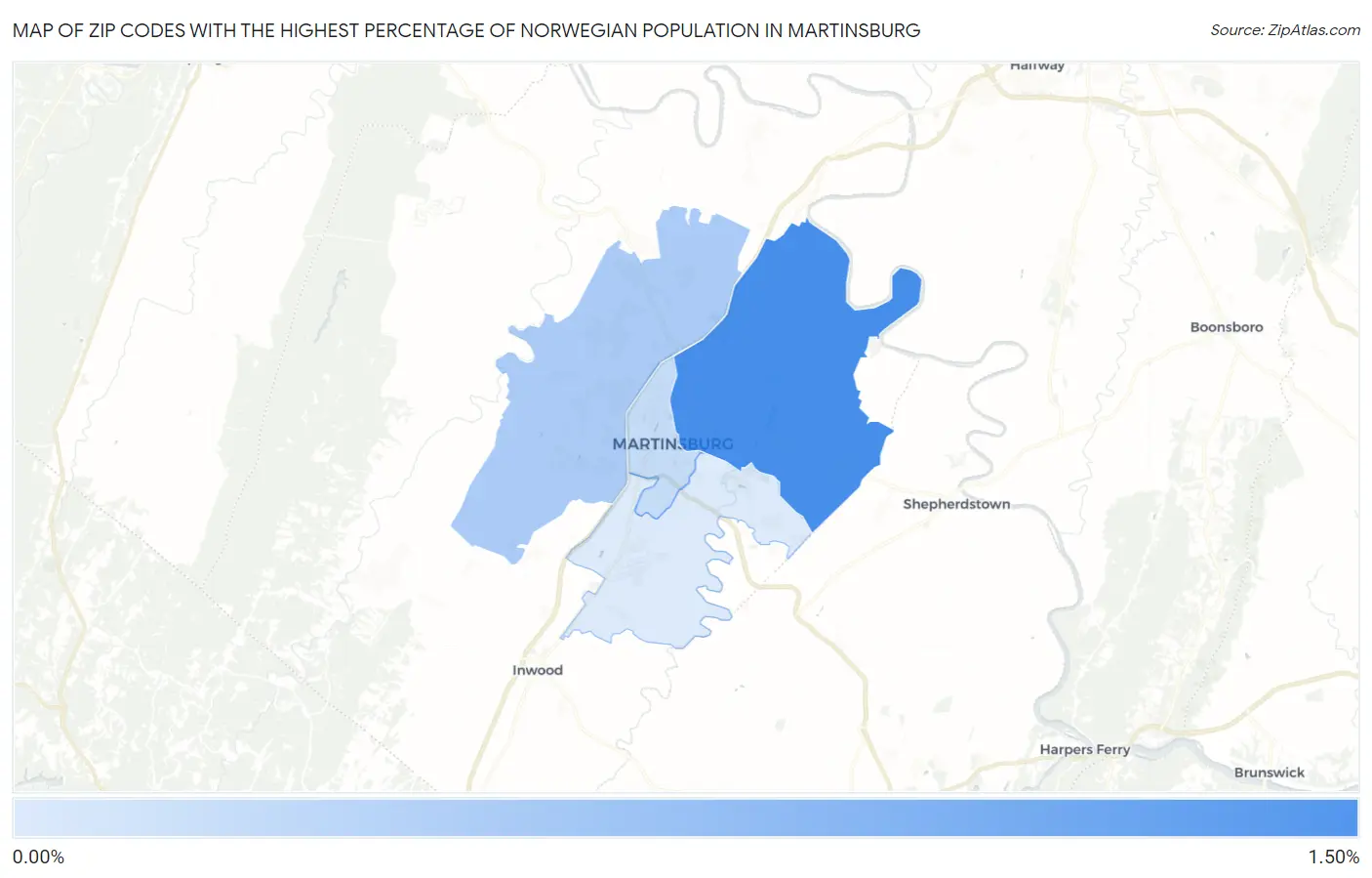 Zip Codes with the Highest Percentage of Norwegian Population in Martinsburg Map