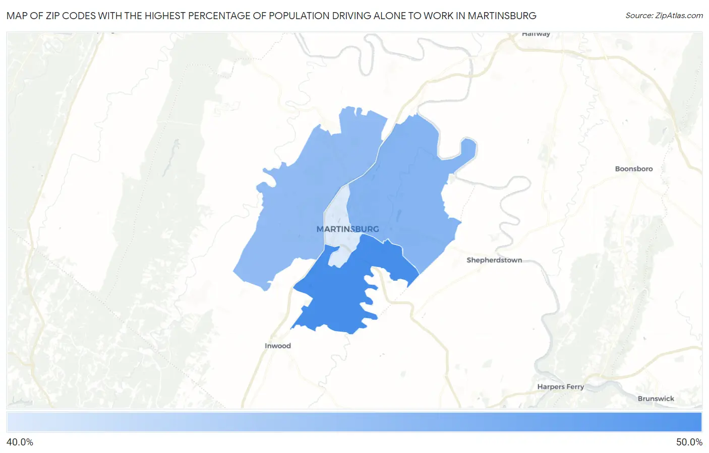 Zip Codes with the Highest Percentage of Population Driving Alone to Work in Martinsburg Map