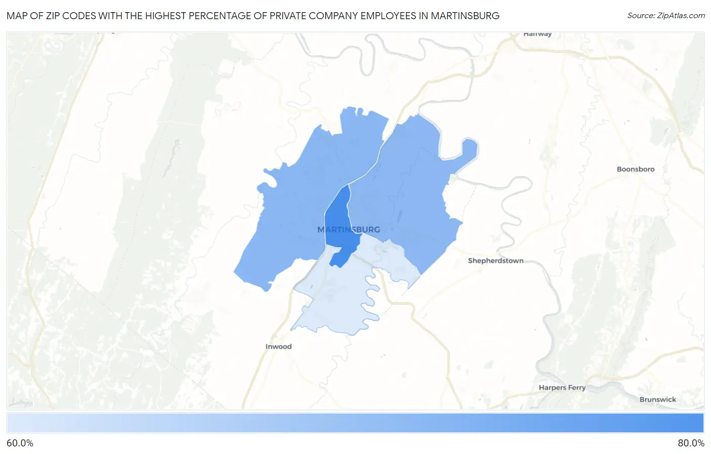 Zip Codes with the Highest Percentage of Private Company Employees in Martinsburg Map