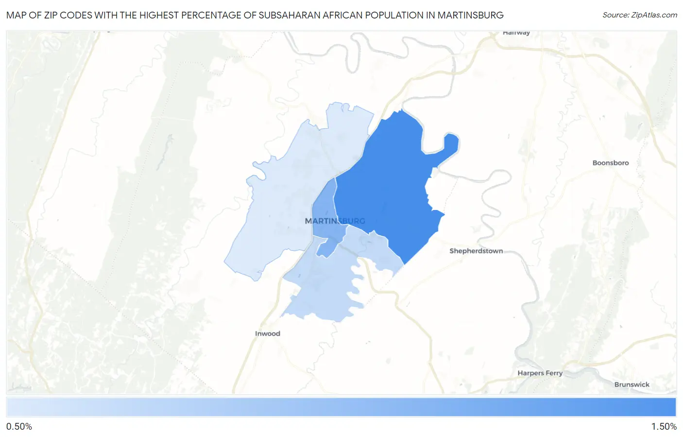 Zip Codes with the Highest Percentage of Subsaharan African Population in Martinsburg Map