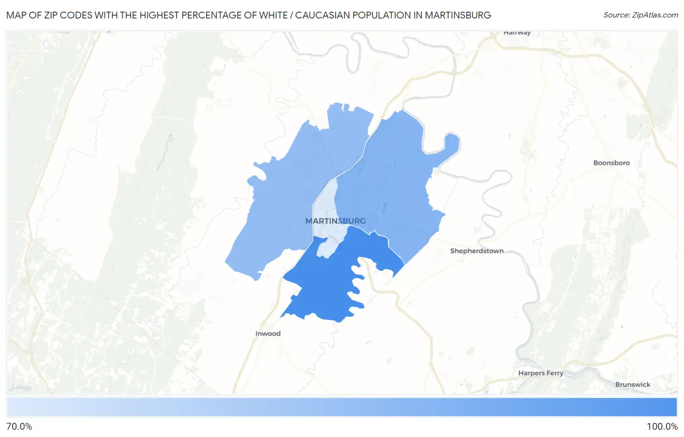 Zip Codes with the Highest Percentage of White / Caucasian Population in Martinsburg Map
