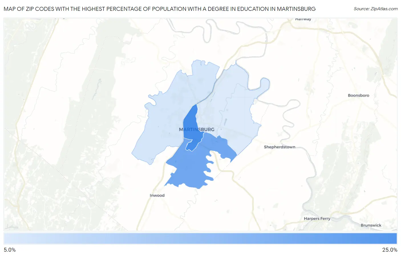 Zip Codes with the Highest Percentage of Population with a Degree in Education in Martinsburg Map
