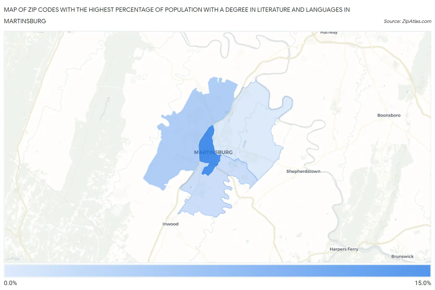 Zip Codes with the Highest Percentage of Population with a Degree in Literature and Languages in Martinsburg Map