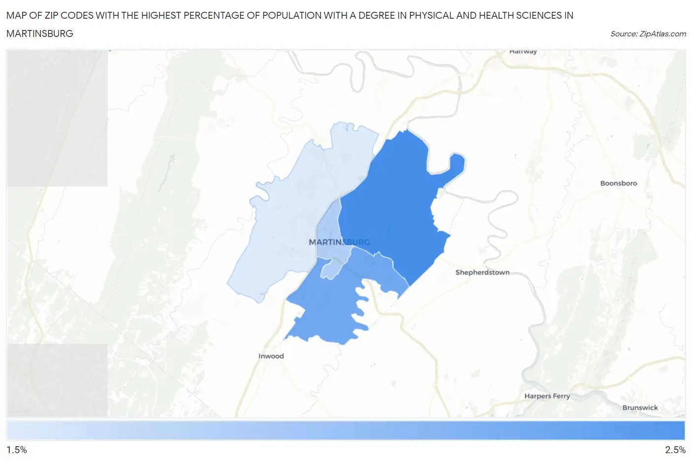 Zip Codes with the Highest Percentage of Population with a Degree in Physical and Health Sciences in Martinsburg Map
