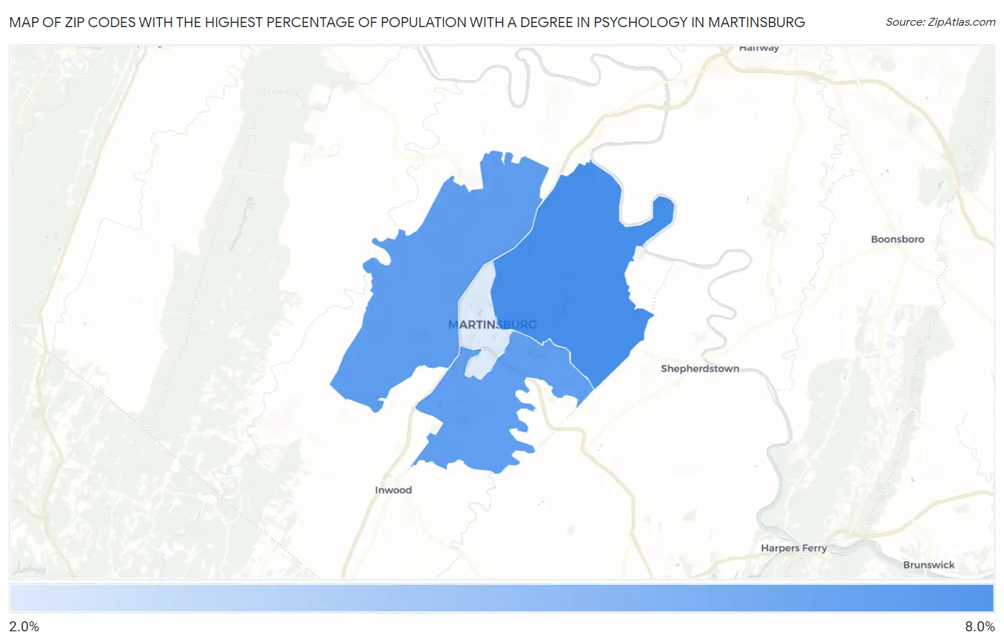 Zip Codes with the Highest Percentage of Population with a Degree in Psychology in Martinsburg Map