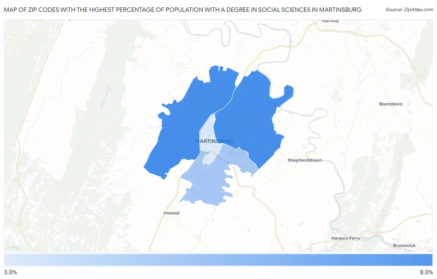 Zip Codes with the Highest Percentage of Population with a Degree in Social Sciences in Martinsburg Map
