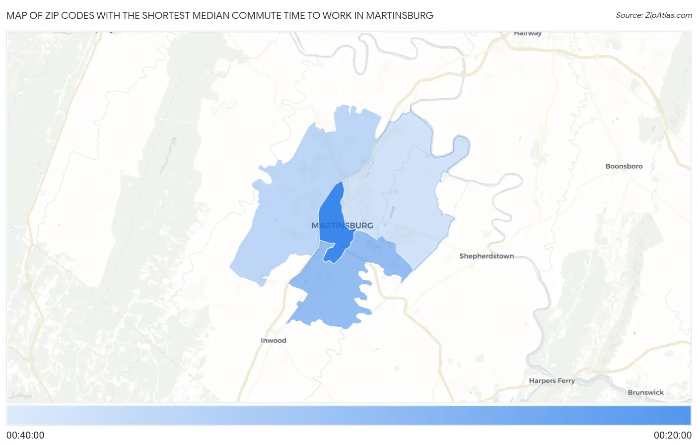 Zip Codes with the Shortest Median Commute Time to Work in Martinsburg Map